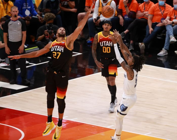 Rudy Gobert (27) blocks a shot by Ja Morant (12)